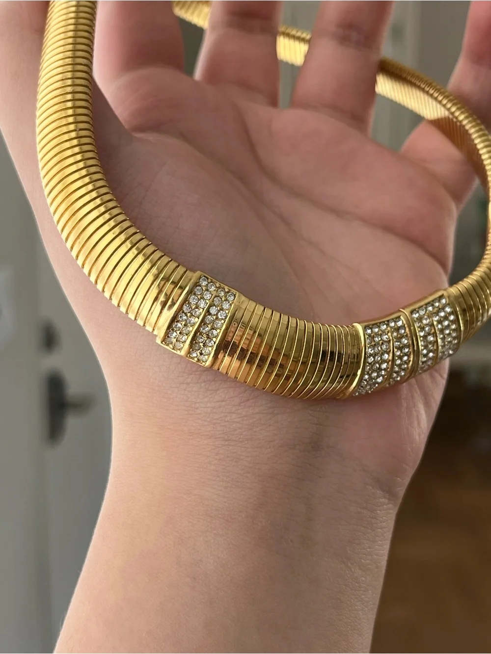 Authentic Vintage Dior Rhinestone Pavé Gold Thick Ribbed Chain Choker Necklace